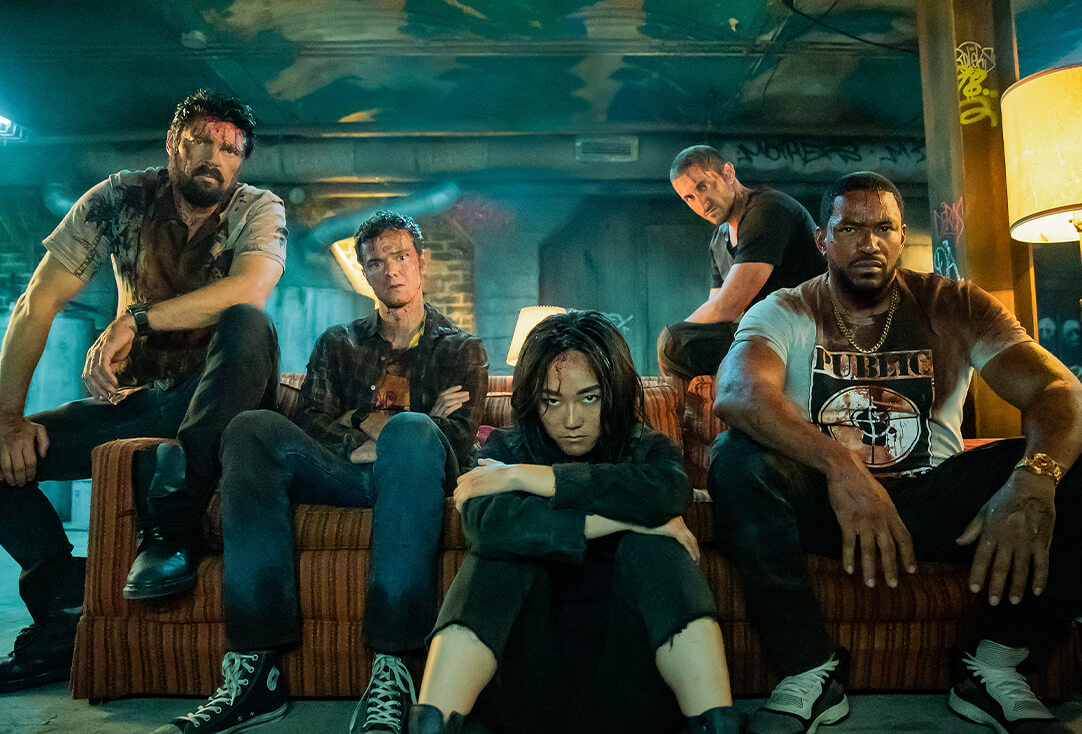 Karl Urban as Butcher, Jack Quaid as Hughie, Karen Fukuhara as Kimiko, Tomer Capon as Frenchie and Laz Alonso as Mother's Milk